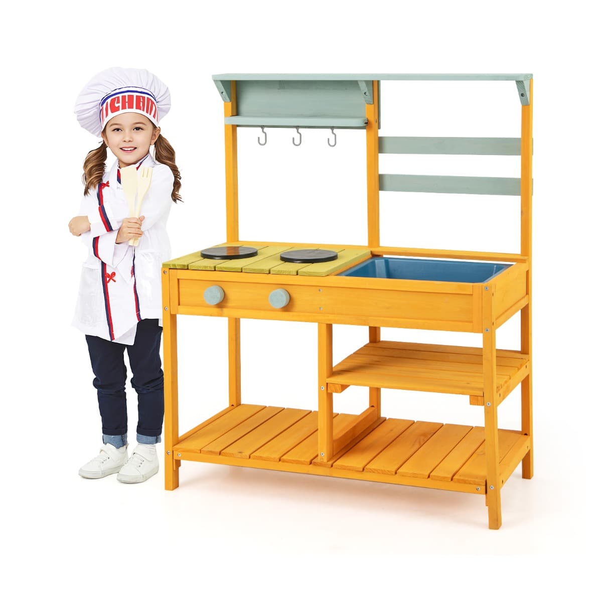CostwayCuisine de Boue en Bois de Sapin avec Cuisinières Boutons et Évier Aire de Jeu avec Crochets Suspendus et Étagères de Rangement Jaune